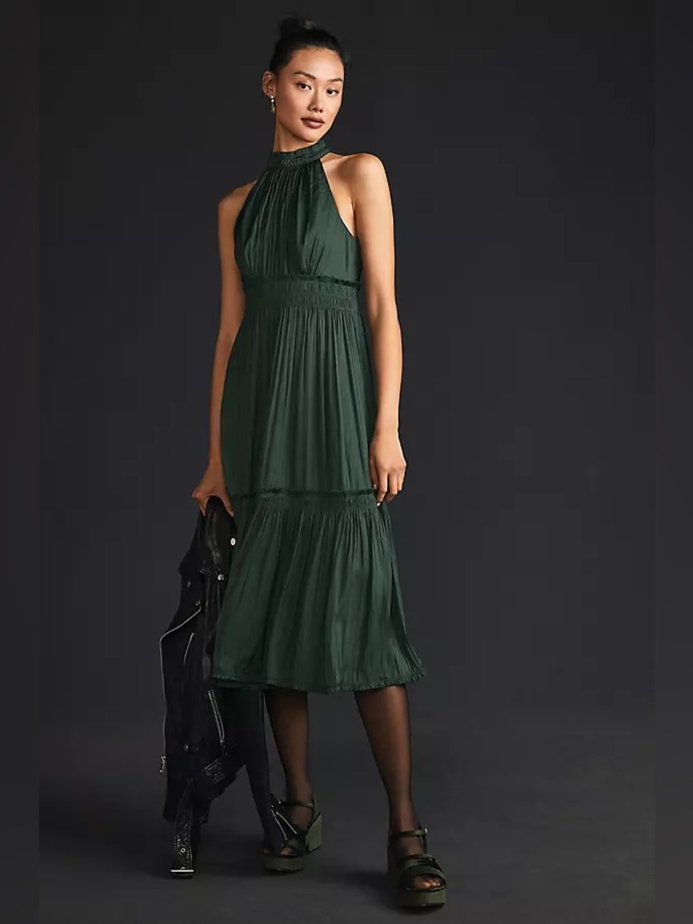 NWOT Anthropologie Tiered Halter Satin Feel Midi Dress in Emerald Green